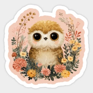 Baby Owl in a Floral Wreath - Woodland Nursery Decor Sticker
